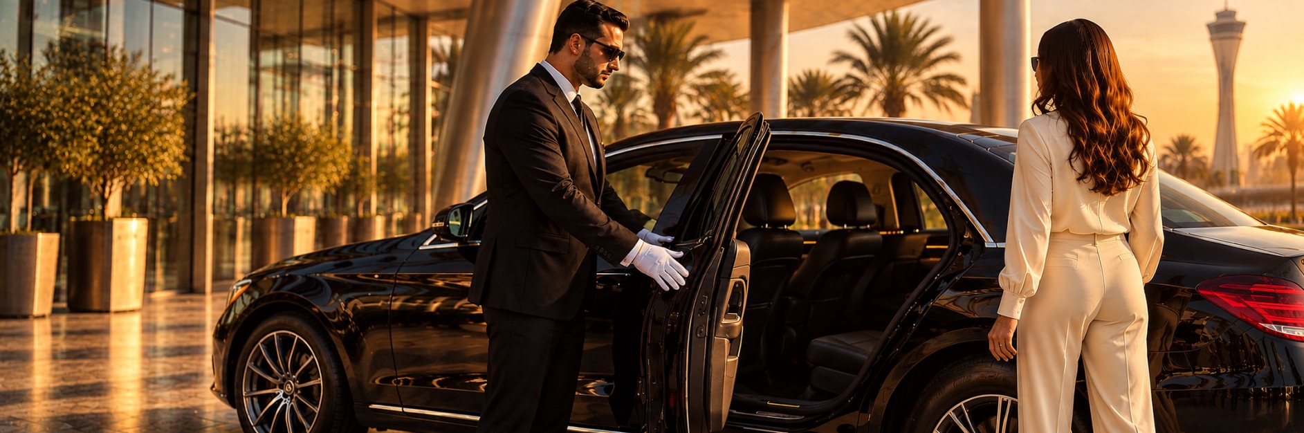 A chauffeur in a dark suit and white gloves opens the rear door of a black luxury sedan for a guest in a cream outfit, outside a Dubai airport terminal at sunset with the control tower behind