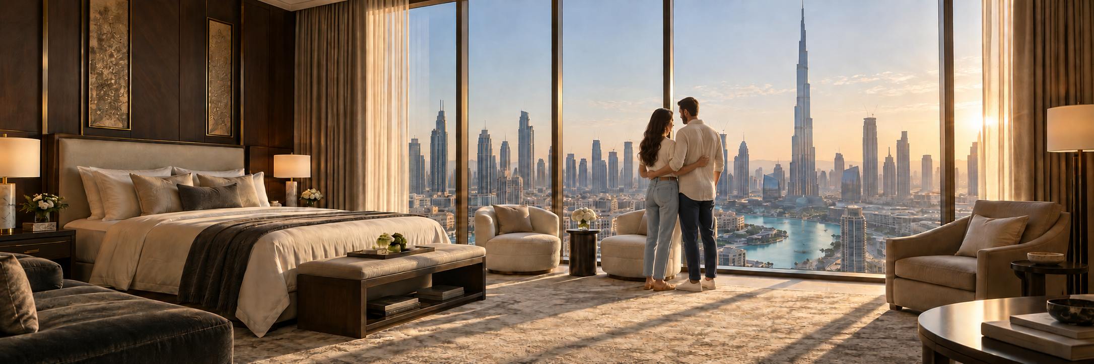 Luxury hotel suite at golden hour with floor-to-ceiling windows, a couple looking out over the Dubai skyline and the Burj Khalifa