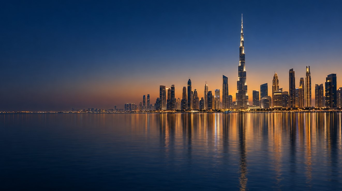 Downtown Dubai skyline with the Burj Khalifa glowing at blue hour, reflected in still water