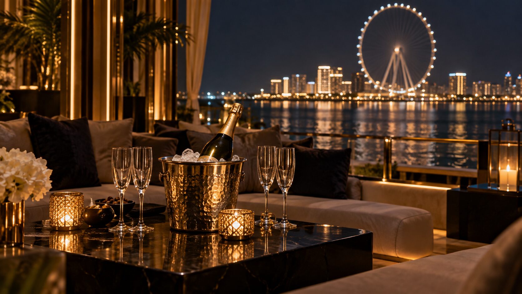 Private VIP lounge table with champagne in an ice bucket and crystal glasses, wheel lights glowing behind