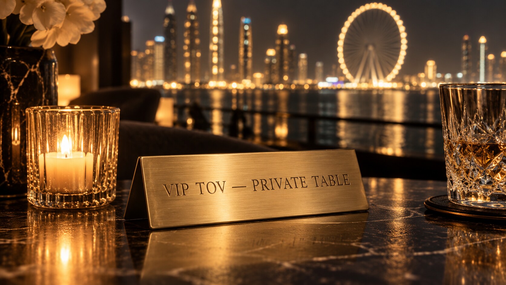 Engraved brass placard reading “VIP TOV — PRIVATE TABLE” on a dark lounge table with skyline and wheel lights behind