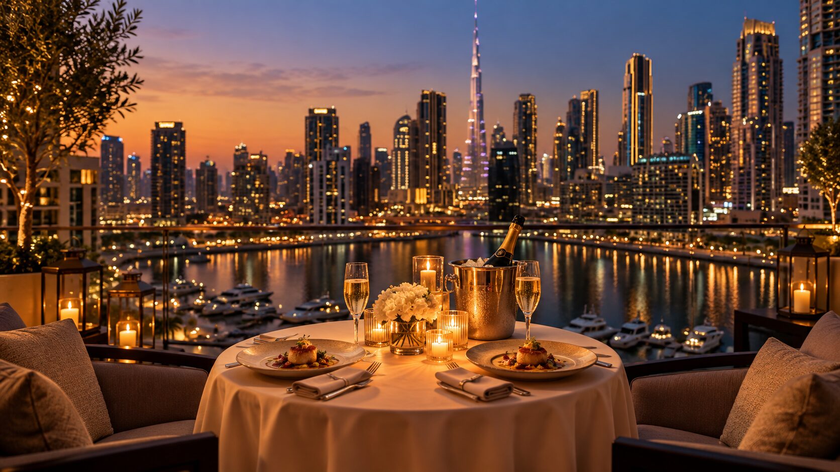 Candlelit rooftop table for two overlooking a marina and city skyline at sunset