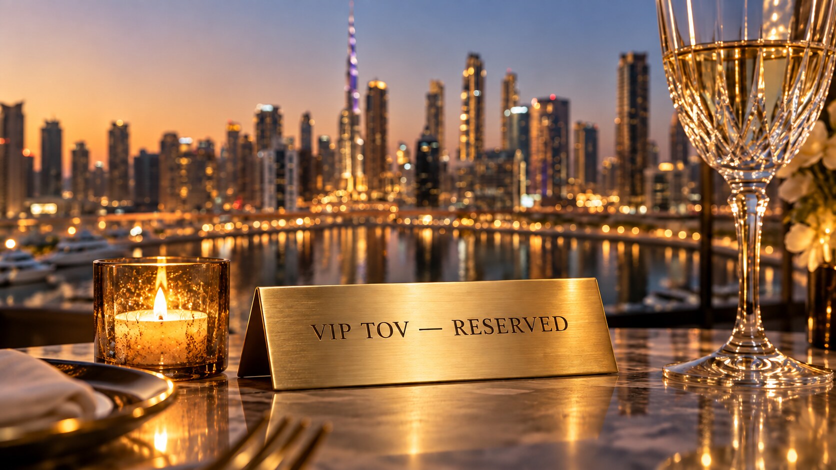 Engraved brass place card reading “VIP TOV — RESERVED” with the illuminated city skyline glowing behind