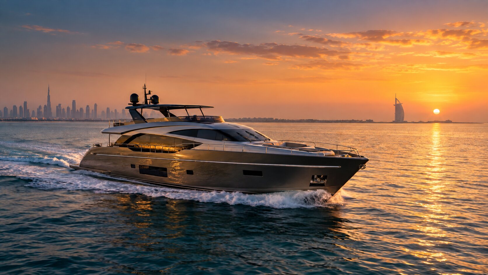Private motor yacht cruising through calm water at sunset along the Dubai coast