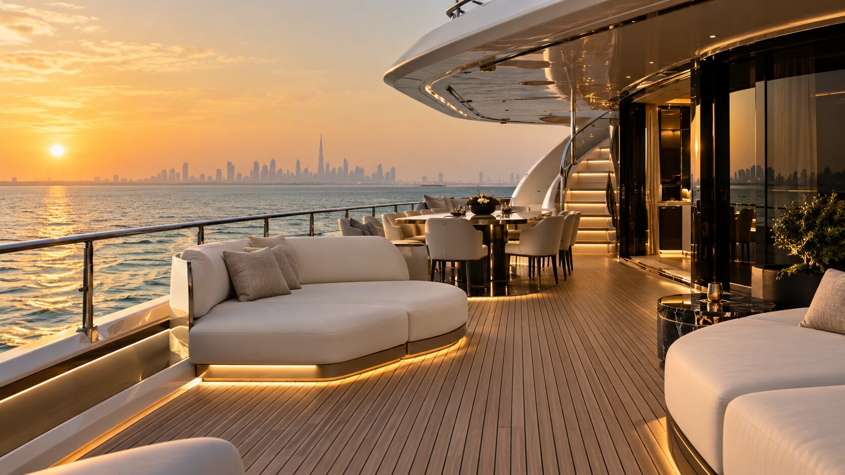 Yacht deck with cream lounge seating and teak flooring under a sunset sky over the sea